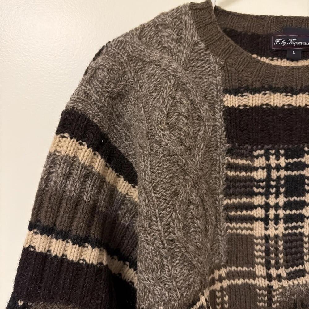 Vintage Faconnable Wool Sweater Mens Large Brown Plaid Tartan Patch Work France - Picture 3 of 8